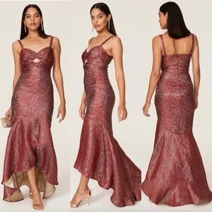 Monique Lhuillier Metallic Cut Out High Low Gown In Maroon Gold Size 10